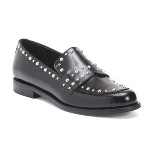 Black Studded Leather Loafer - Women's Slip-On Penny Loafer
